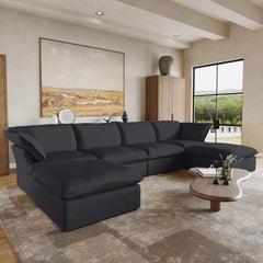 Premium Linen Cloud Sectional Couches | 6-Piece Linen Black Rich Beautiful Fabric U-Shaped Sectionals 4-seaters with 2-Ottomans