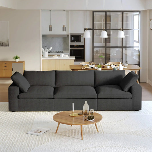 Washable Couch 120.45" Linen Sectional Sofa 3-Seater Removable Cover - Black