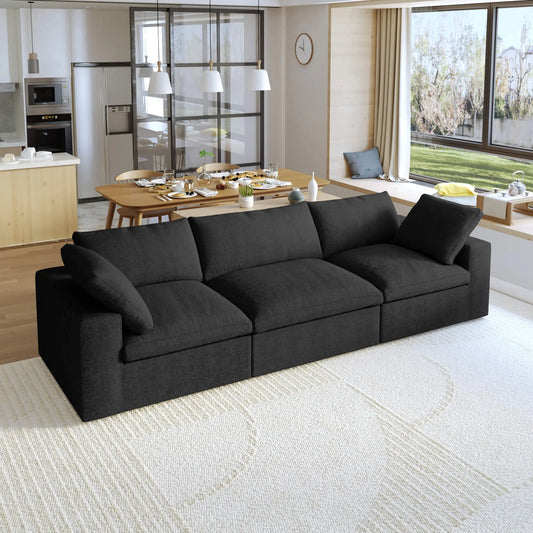 Washable Couch 120.45" Linen Sectional Sofa 3-Seater Removable Cover - Black