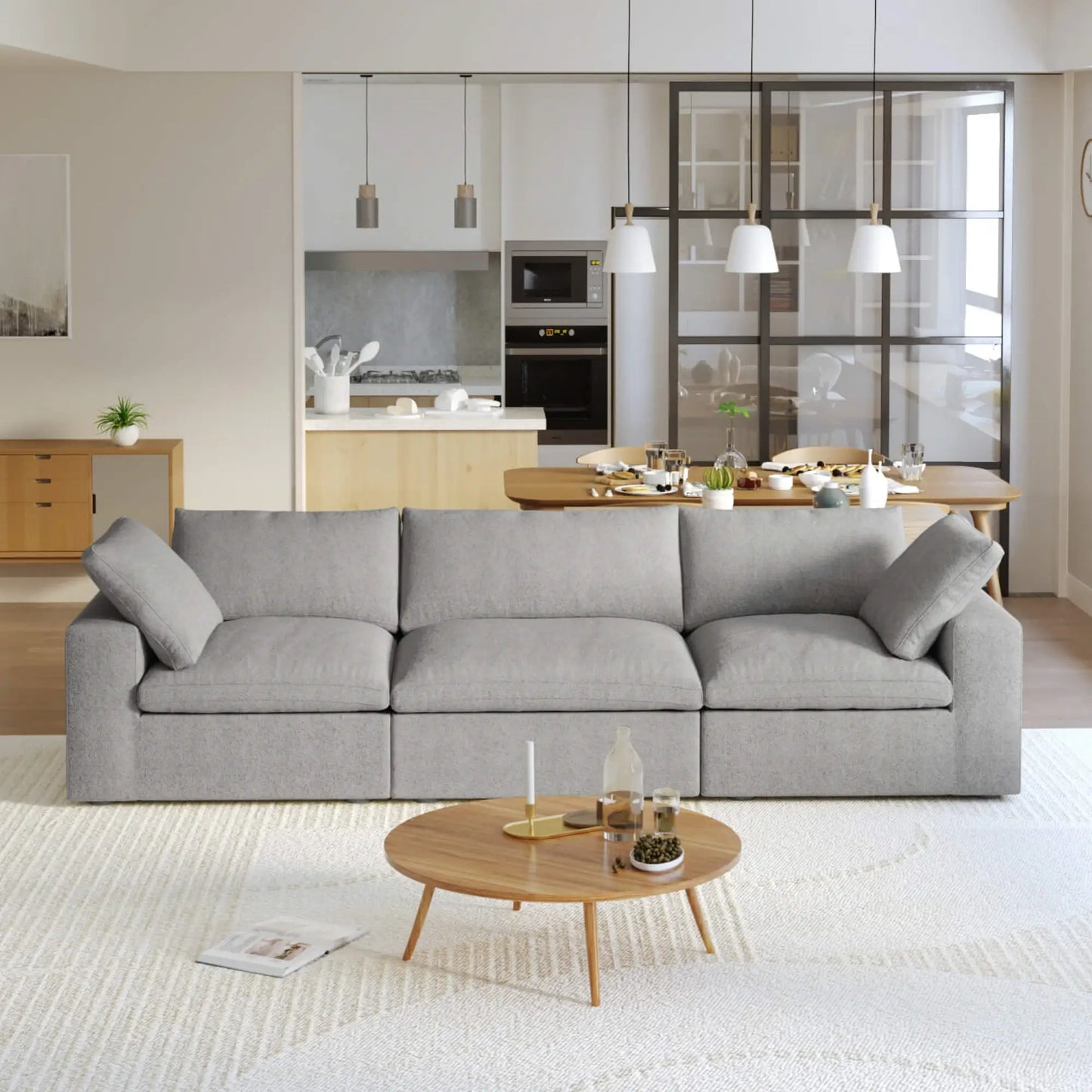 Washable Couch 120.45" Linen Sectional Sofa 3-Seater Removable Cover - Grey