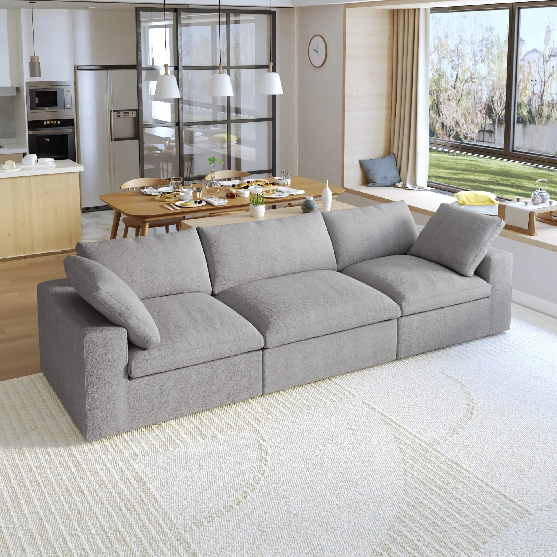Washable Couch 120.45" Linen Sectional Sofa 3-Seater Removable Cover - Grey