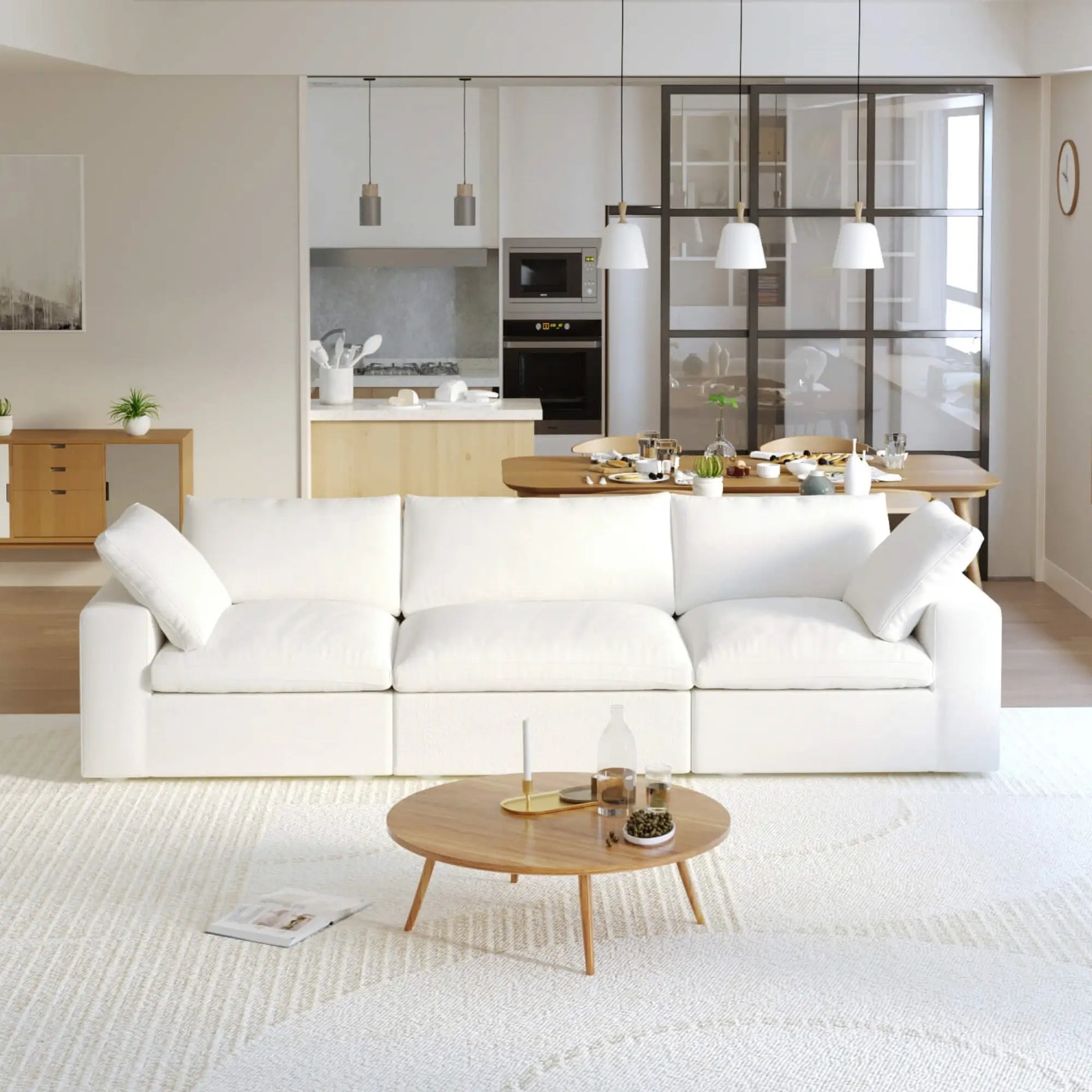 Washable Couch 120.45" Linen Sectional Sofa 3-Seater Removable Cover - White