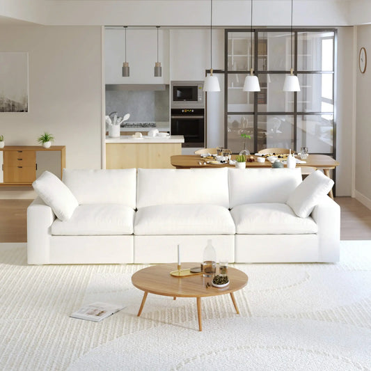 Washable Couch 120.45" Linen Sectional Sofa 3-Seater Removable Cover - White