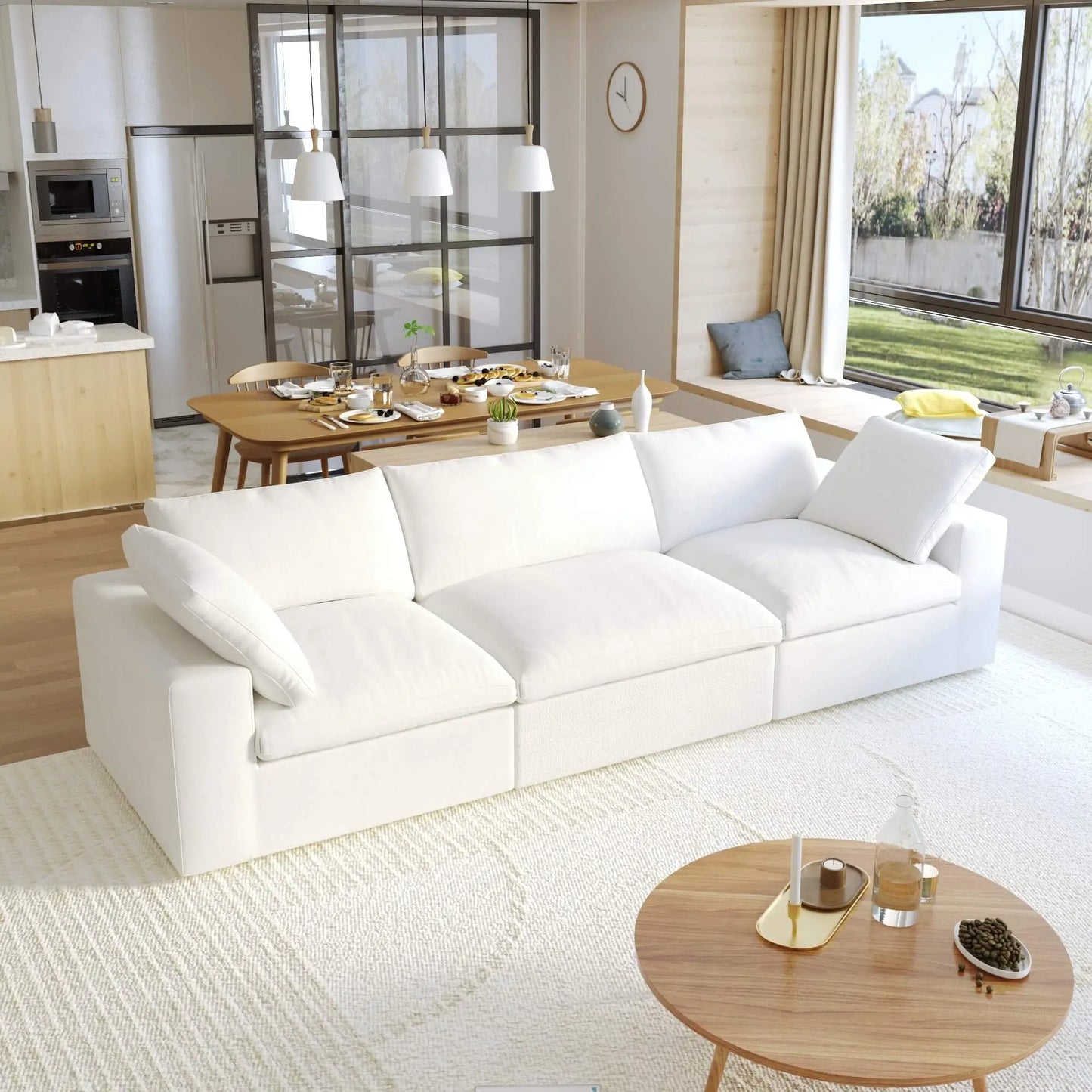 Washable Couch 120.45" Linen Sectional Sofa 3-Seater Removable Cover - White
