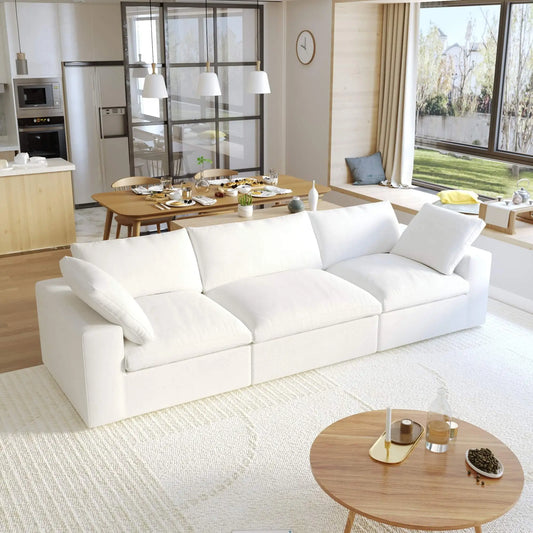 Washable Couch 120.45" Linen Sectional Sofa 3-Seater Removable Cover - White