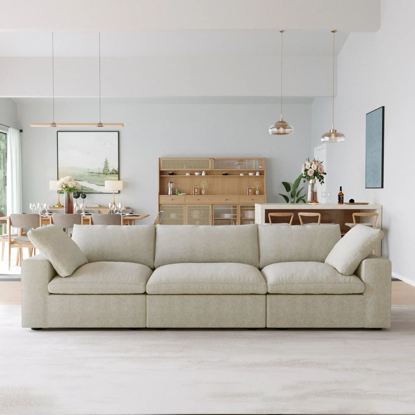Washable Couch 120.45" Linen Sectional Sofa 3-Seater Removable Cover 3D-Knitted Fabric - Khaki