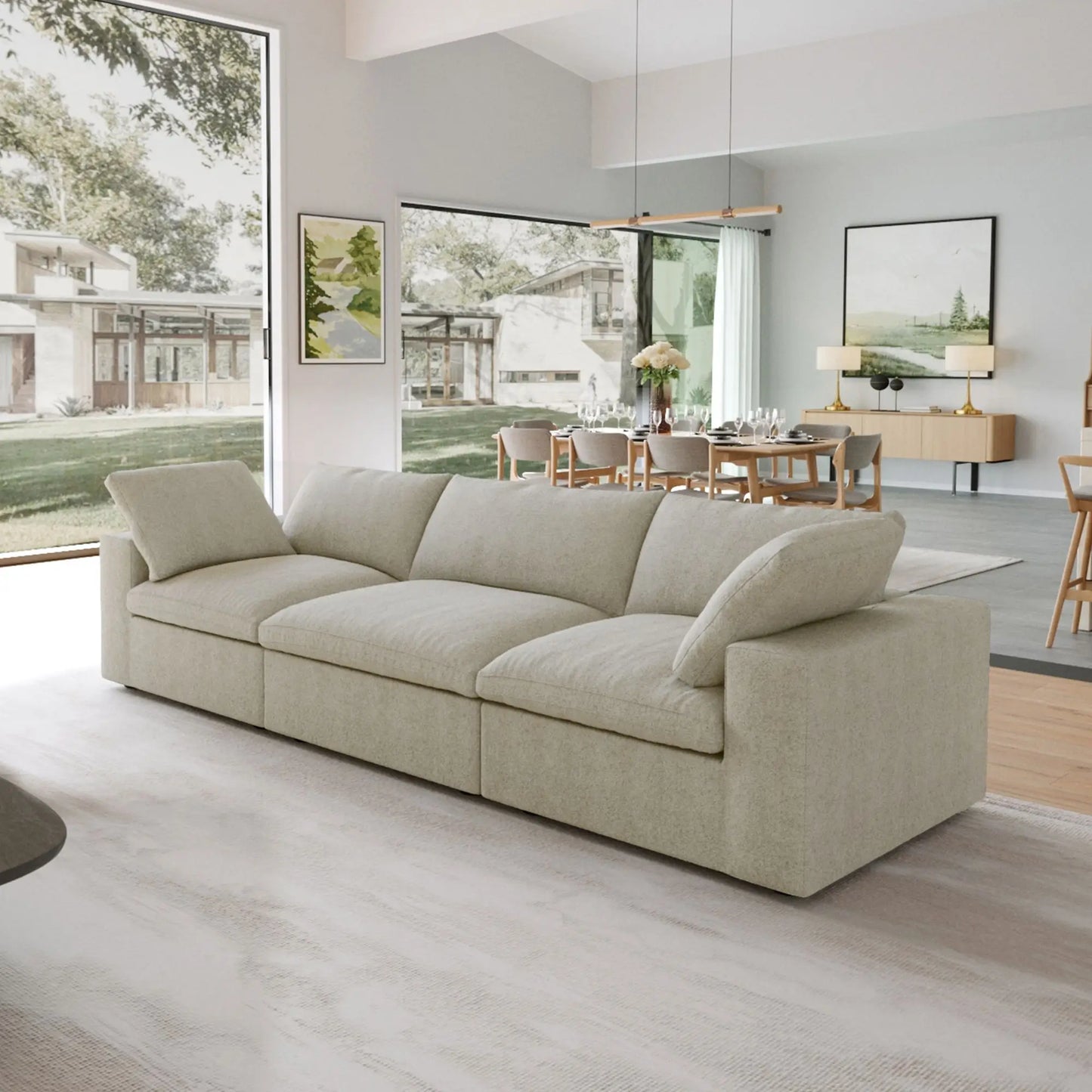 Washable Couch 120.45" Linen Sectional Sofa 3-Seater Removable Cover 3D-Knitted Fabric - Khaki