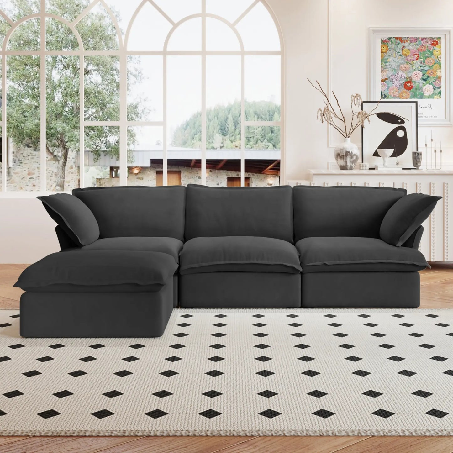 Washable Couch 122.82" Linen Sectional Sofa-3 Seats with 1 Ottoman - Black