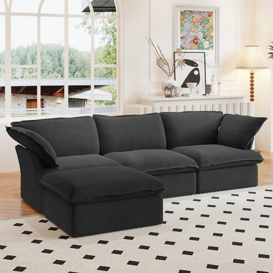 Washable Couch 122.82" Linen Sectional Sofa-3 Seats with 1 Ottoman - Black