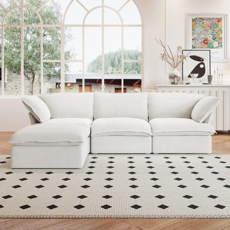 Washable Couch 122.82" Linen Sectional Sofa-3 Seats with 1 Ottoman - White