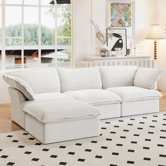Washable Couch 122.82" Linen Sectional Sofa-3 Seats with 1 Ottoman - White