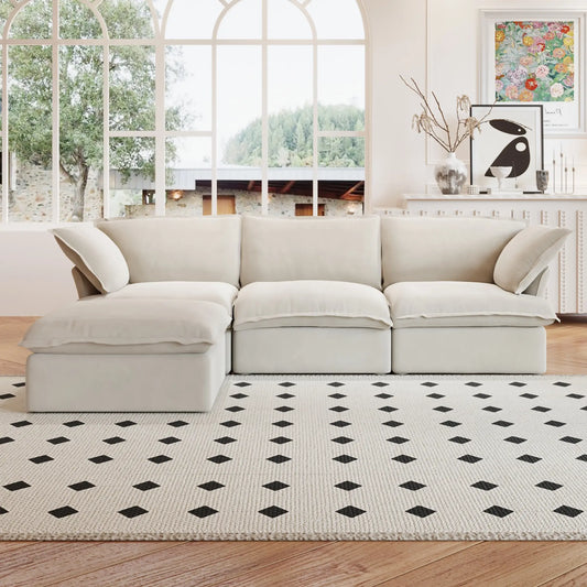 Washable Couch 122.82" Linen Sectional Sofa-3 Seats with 1 Ottoman 3D-Knitted Fabric - Beige