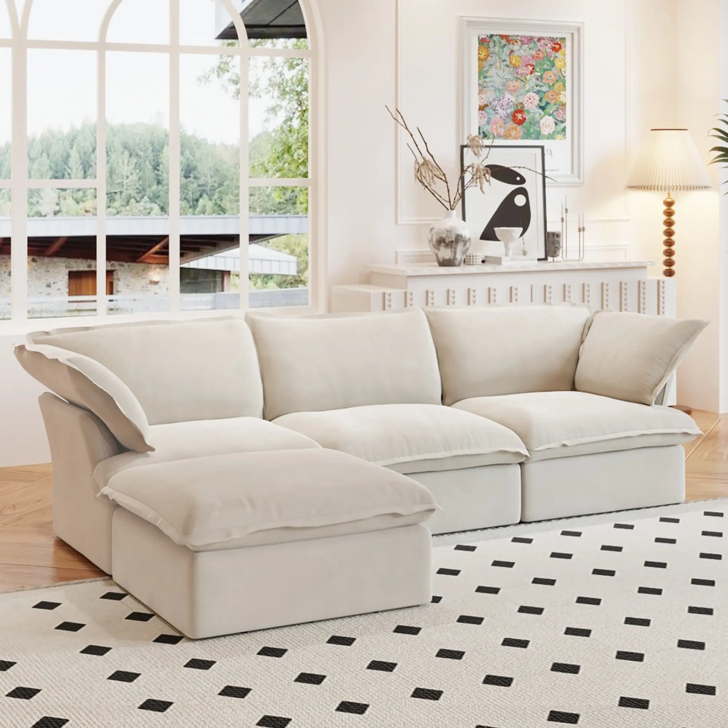 Washable Couch 122.82" Linen Sectional Sofa-3 Seats with 1 Ottoman 3D-Knitted Fabric - Beige