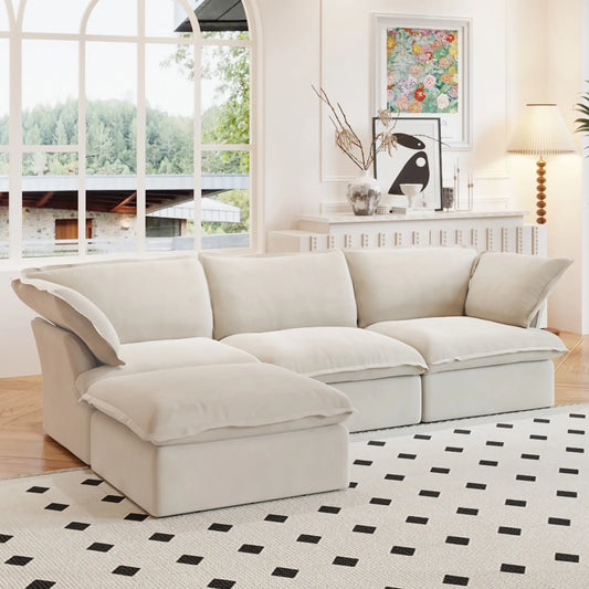 Washable Couch 122.82" Linen Sectional Sofa-3 Seats with 1 Ottoman 3D-Knitted Fabric - Beige