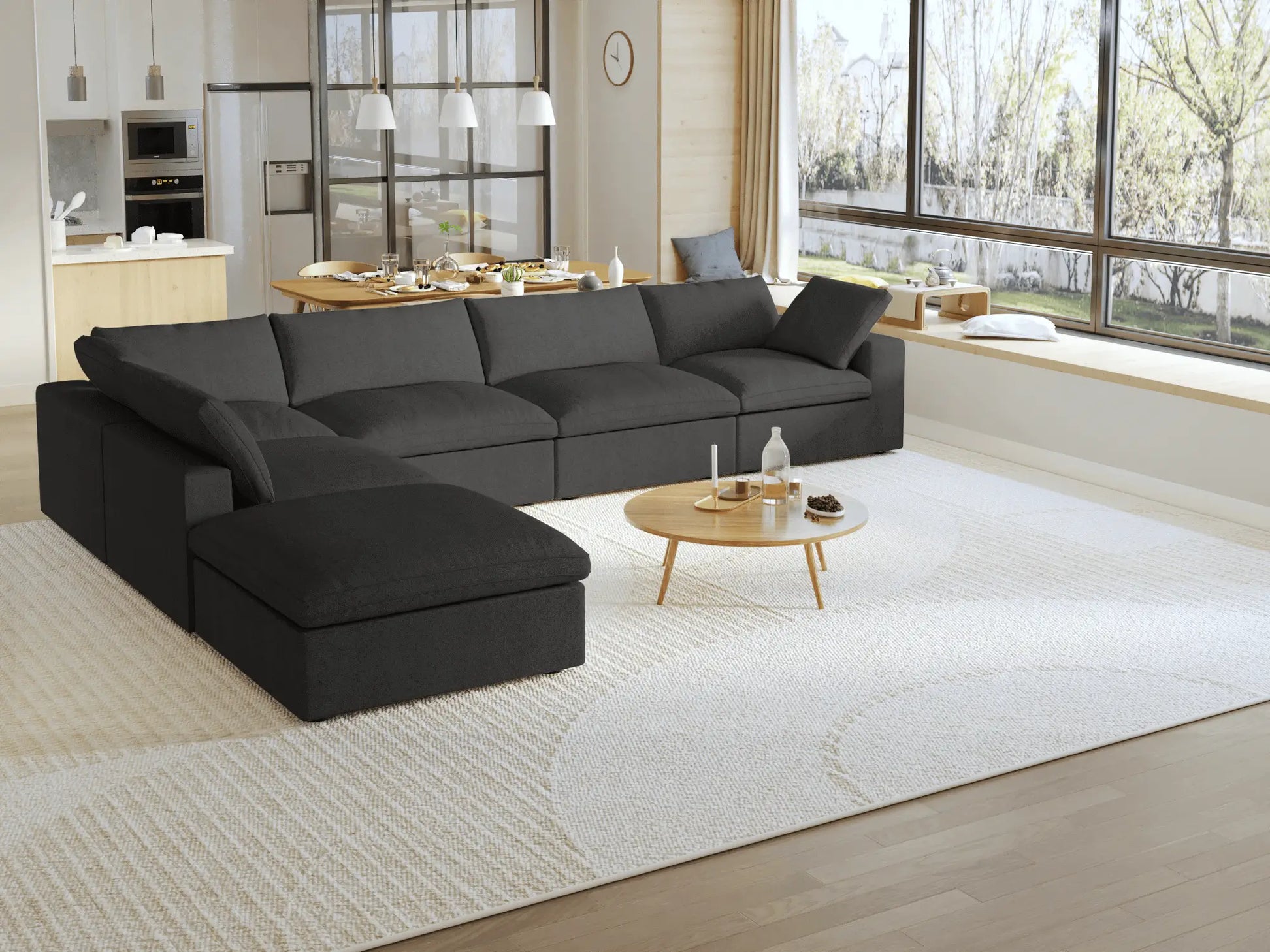 Washable Couch 160.6" 6-Seater Corner Lounger Sectional Sofa Set - Black