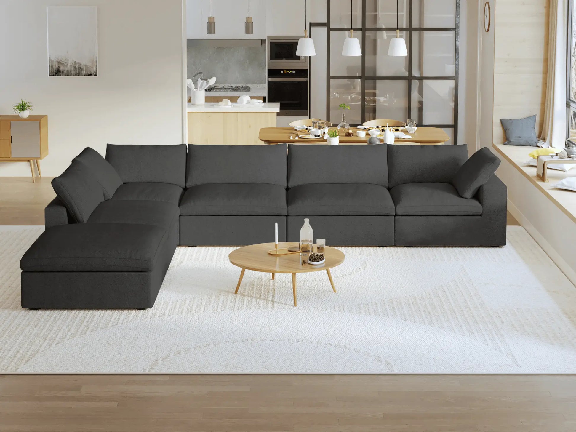Washable Couch 160.6" 6-Seater Corner Lounger Sectional Sofa Set - Black