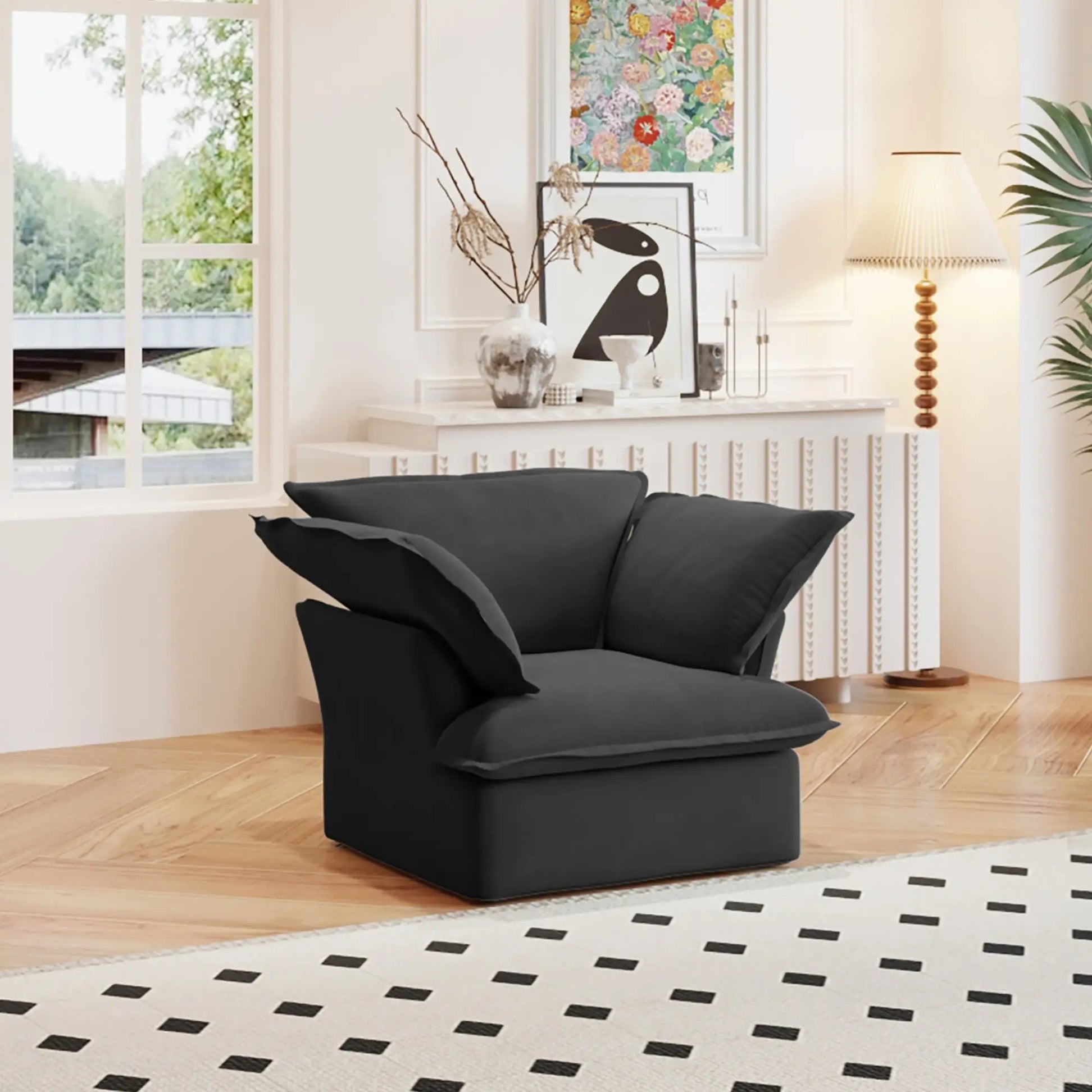 Washable Couch 43.3" Washable Linen Single Sofa with Replaceable Sofa Cover - Black