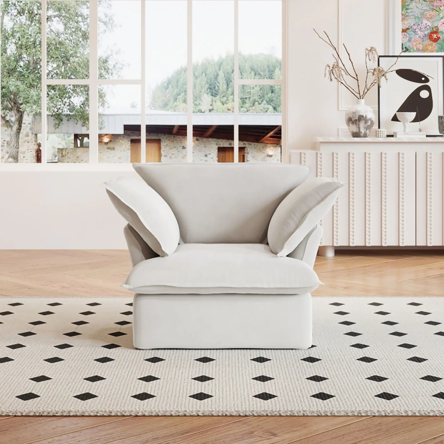 Washable Couch 43.3" Washable Linen Single Sofa with Replaceable Sofa Cover - White