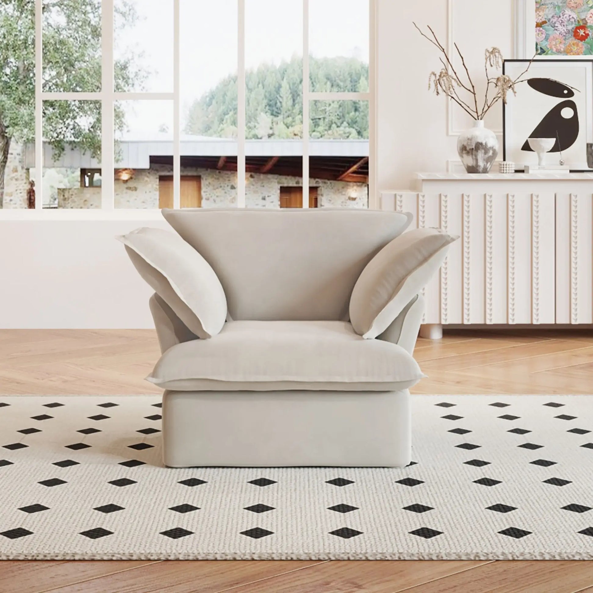 Washable Couch 43.3" Washable Linen Single Sofa with Replaceable Sofa Cover 3D-Knitted Fabric - Beige